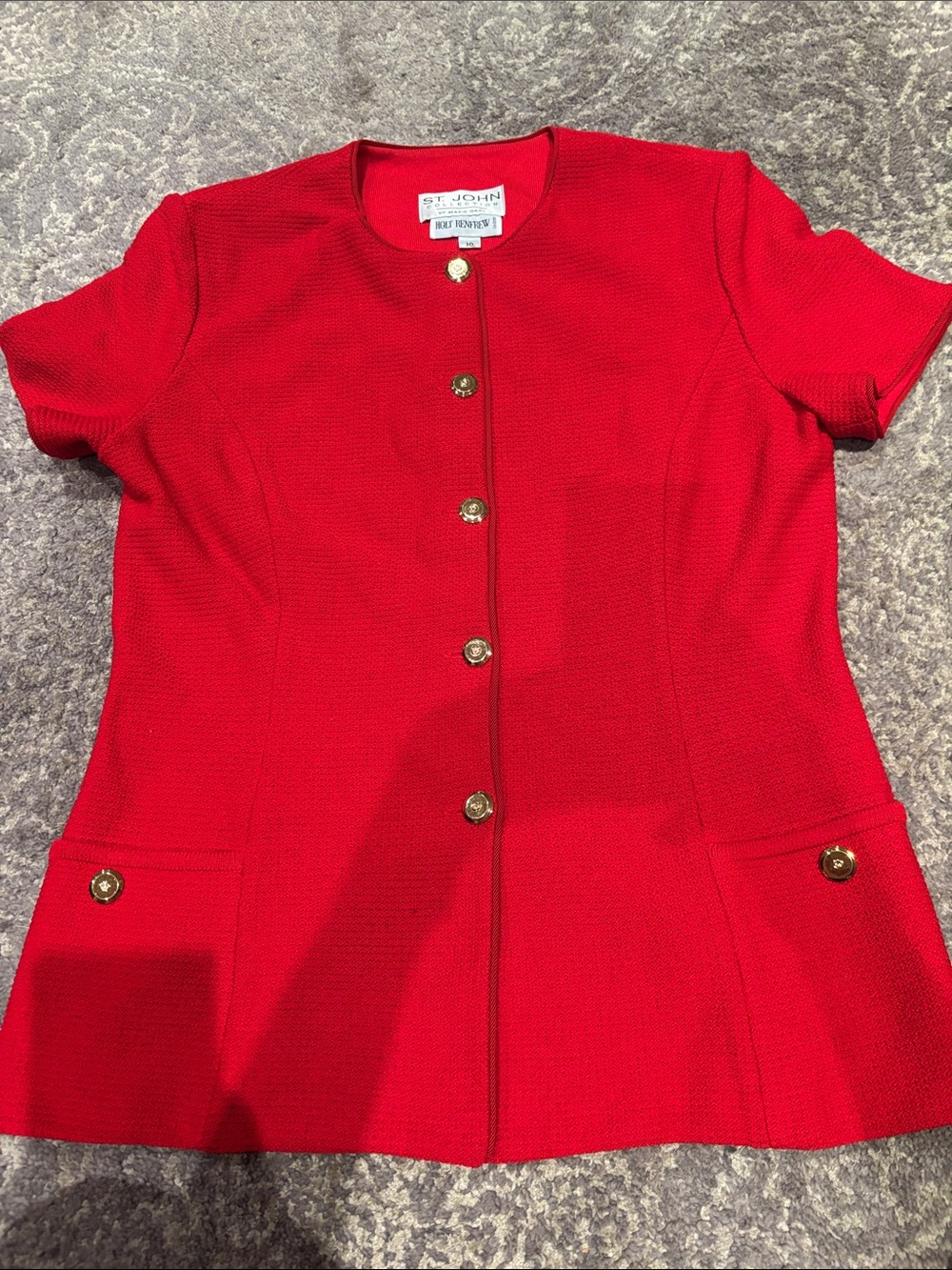 St. John Red Short-Sleeve Knit Blazer with Gold Buttons in size 10